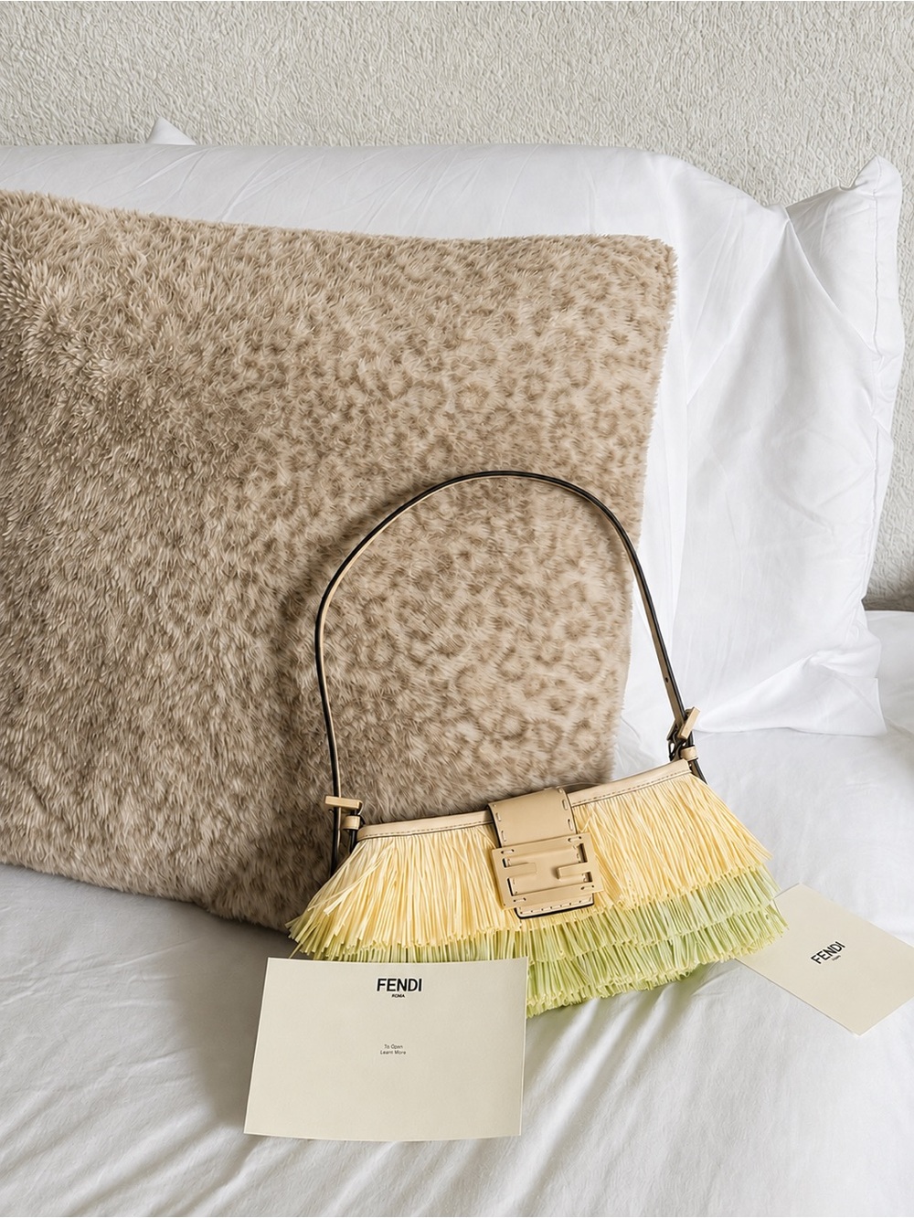 Fendi Baby B Two-Tone Yellow & Pale Green Raffia Shoulder Bag - Picture 1 of 9